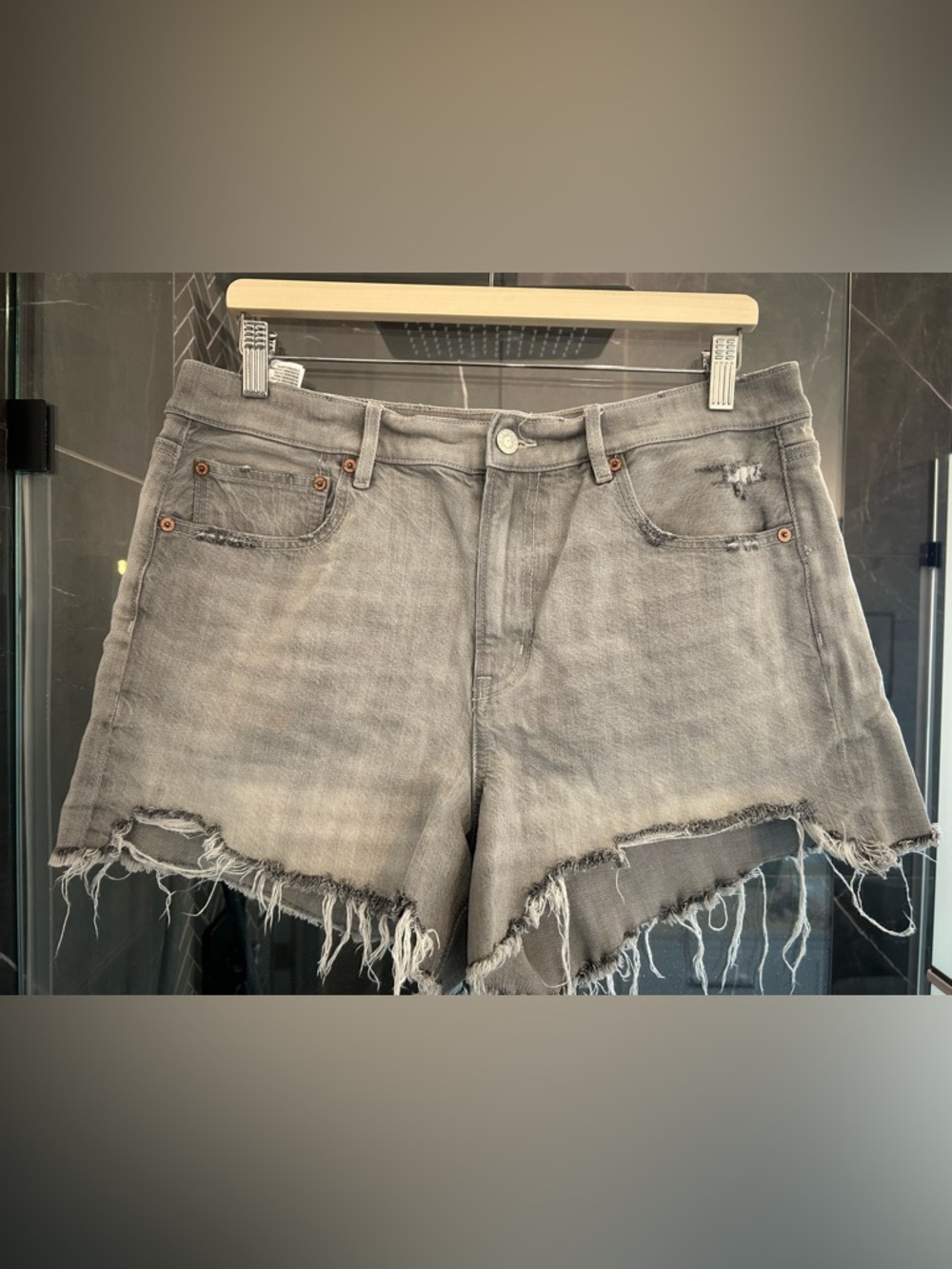 American Eagle High-Waist Distressed Gray Denim Shorts